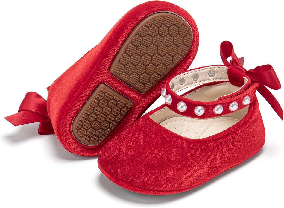 Baby Girls Mary Jane Flats - Infant Newborn Walking Shoes Soft Rubber Sole Princess Wedding