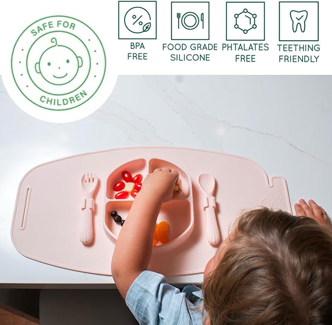 Modern Mini - Silicone Suction Plate for Baby and Toddler, Divided Plate with Fork & Spoon - Unbreakable, Non-Toxic, Food Grade Silicone, Strong Suction Grip, Spill Proof, & Foldable for Travel!