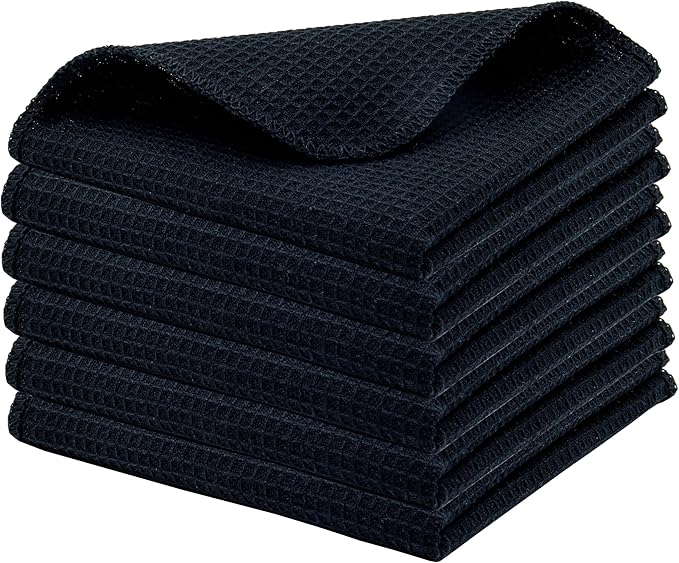 PurpleEssences Dish Cloths and Dish Rags - 6 Pack Waffle Weave Solid Kitchen Dish Wash Cloths, 100% Cotton, 12 x 12 Inches, Ultra Soft Absorbent Quick Drying - Fall Thanksgiving Halloween - Black