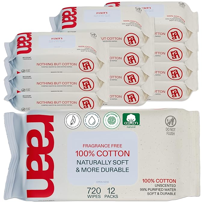 Raan, 100% Cotton Baby & Toddler Wipes, Unbleached, 99% Purified Water, Unscented, EWG verified, Made for Sensitive Skin, Extra Soft and Durable, 12 pack, 720 Count