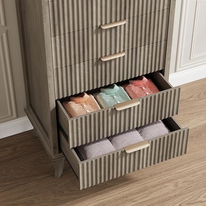 QUW Fluted 6 Drawer Dresser for Bedroom, Modern Tall Chest of Drawers with Metal Handle, Large Wood Storage Chest Organizer Accent Storage Cabinet for Living Room, Hallway, Entryway, Gray