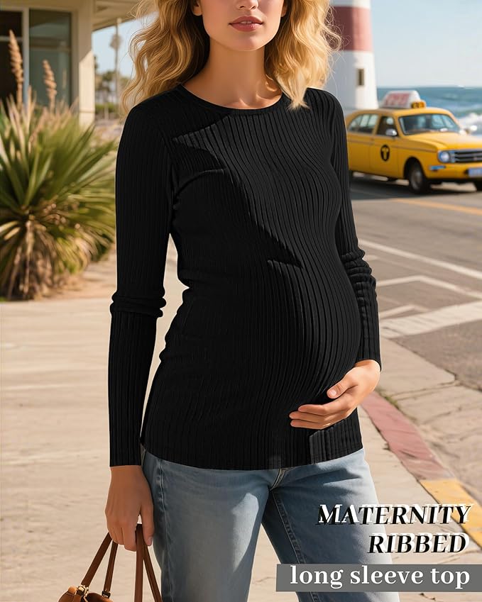 Riyiper 3 Pack Women's Maternity Shirts Long Sleeve Ribbed Knit Pregnancy Tees Cotton Crewneck Tunic Clothes Casual Fall Tops