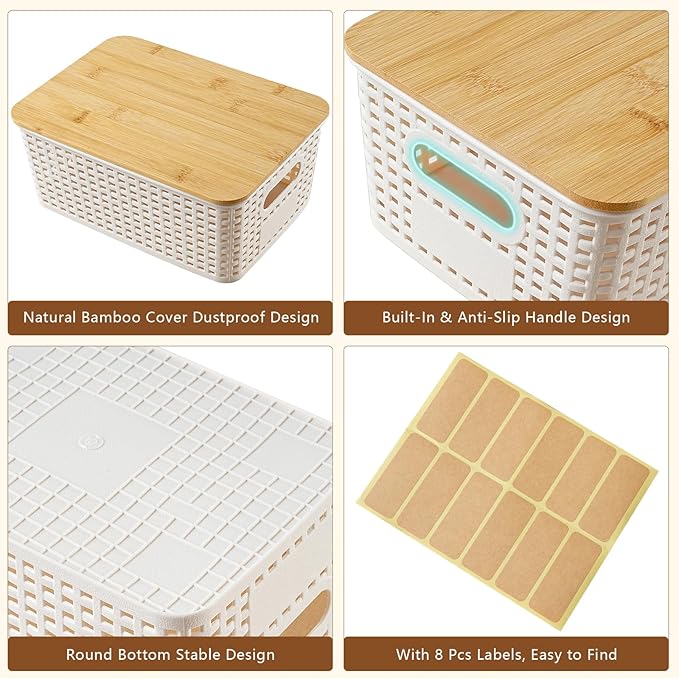 8 Pack Plastic Storage Bins with Bamboo Lids - Stackable Storage Baskets with Handle for Pantry Organizer and Storage, Plastic Containers Bins for Kitchen Bathroom Classroom Office Shelves