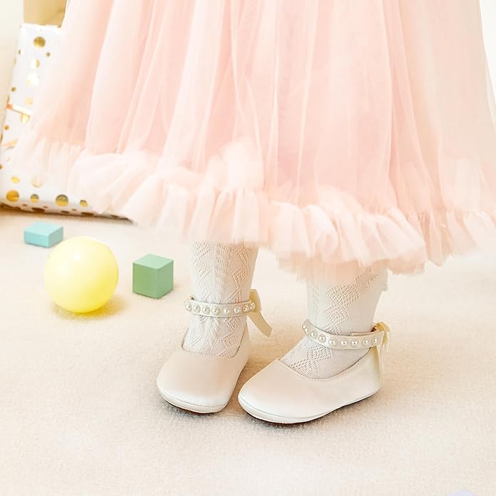 Baby Girls Mary Jane Flats - Infant Newborn Walking Shoes Soft Rubber Sole Princess Wedding