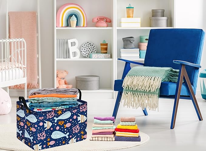 Rectangle Storage Basket Shelf Storage Basket Organizer Box Clothes Laundry Hamper Nursery Laundry Basket with Handles(Whale)