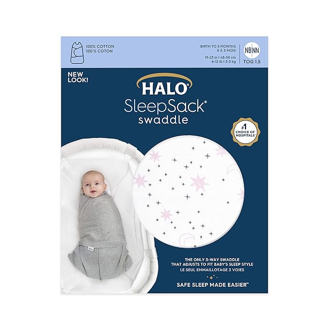 HALO 100% Cotton Sleepsack Swaddle, 3-Way Adjustable Wearable Blanket, TOG 1.5, Midnight Moons Pink, Newborn, 0-3 Months