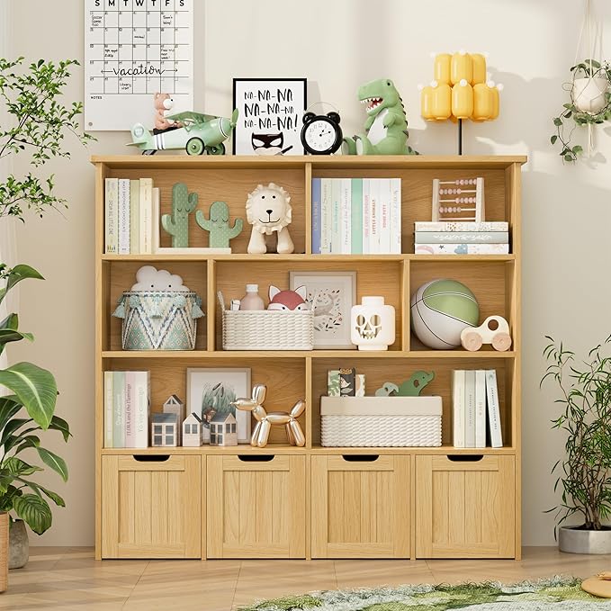 FINETONES Toy Storage Organizer, Kids Bookshelf with 4 Movable Chests and 7 Storage Cubes, Toy Chest Storage Shelf Organizer with Hidden Wheels, Toy Organizers and Toy Storage, Natural