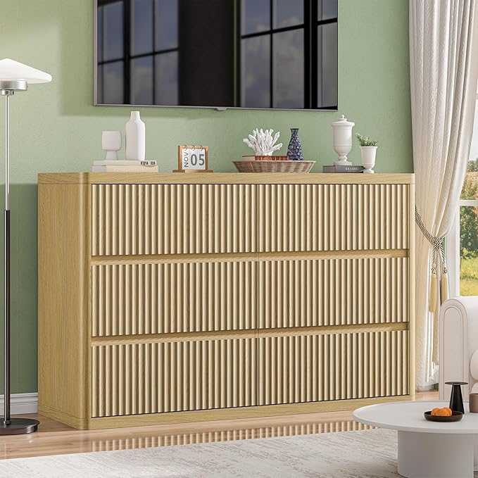 Natural 6 Drawers Dresser for Bedroom, 48" Wide Wood Chest of Deep Drawers with Curved Profile, Handleless, Modern Fluted Dresser TV Stand, Storage Closet Drawer Organizer for Bedroom