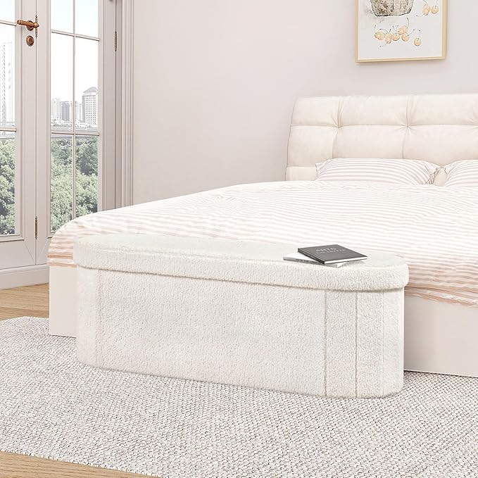 B FSOBEIIALEO Ottoman with Storage for Living Room, Sherpa Folding Storage Ottoman Foot Rest, 43.3 Inches Collapsible Bedroom Bench White