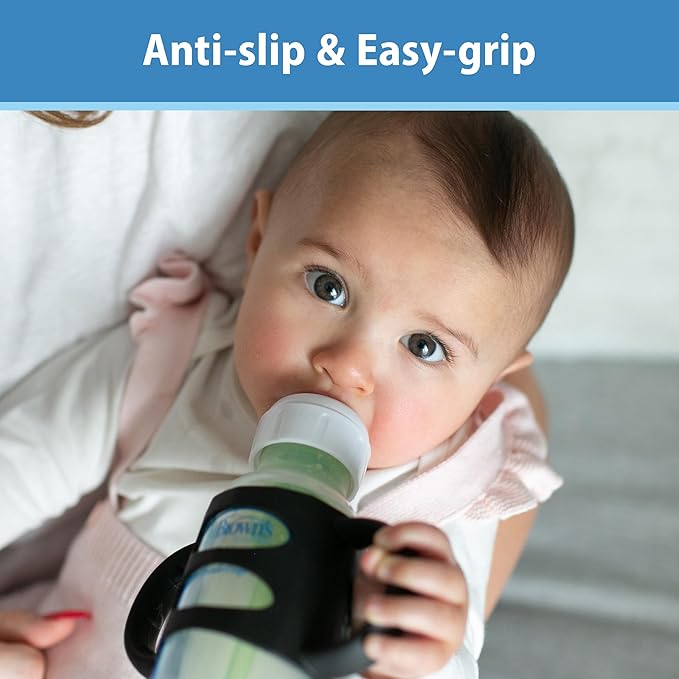 Dr. Brown's Narrow Baby Bottle Handles, 100% Silicone, Easy Grip Removable Handles for Bottle to Sippy Cup Transition, Blue/Gray/Green, 3-Pack, 4m+