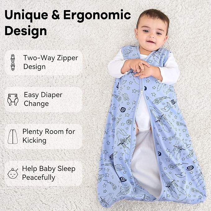 Baby Sleep Sack 0-6 Months 1.0 Tog Baby Wearable Blanket 100% Cotton Sleeping Sack with 2-Way Zipper for Infant Newborn Blue& Green space