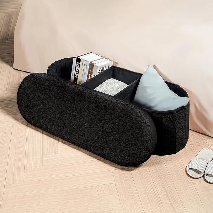B FSOBEIIALEO Ottoman with Storage for Living Room, Sherpa Folding Storage Ottoman Foot Rest, 43.3 Inches Collapsible Bedroom Bench Black