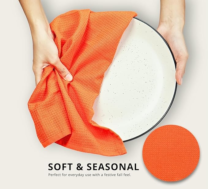 PurpleEssences Waffle Weave Kitchen Towel, 100% Cotton - 15 x 25 Inches, with Hanging Loop Ultra Soft Absorbent Quick Drying Dish Cloth, Tea and Hand Towels, 6 Pack - Fall Thanksgiving - Orange