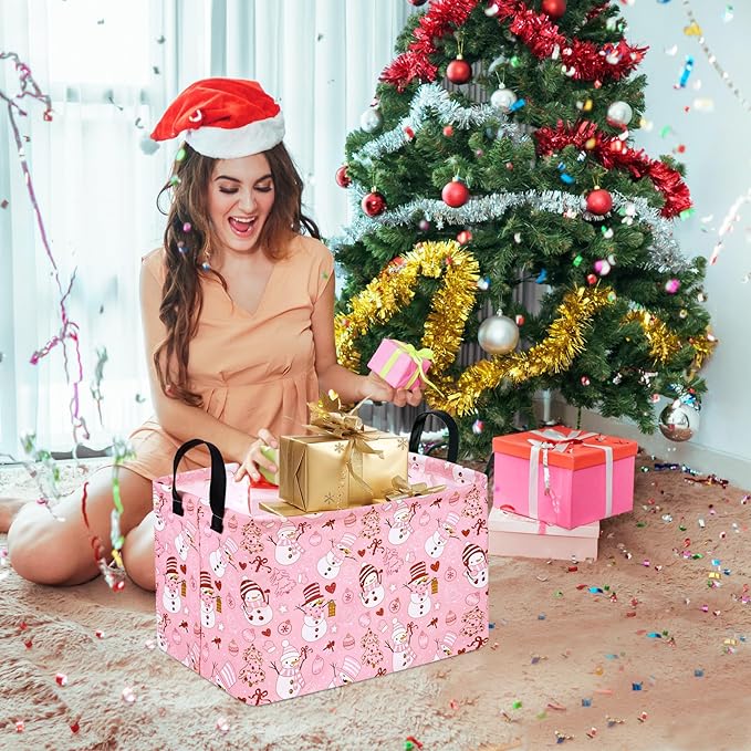 Rectangle Basket, Kids Organizer, Pink Snowman Pattern Toy Storage Cube, Clothes Storage Box With Handles for Room Decor