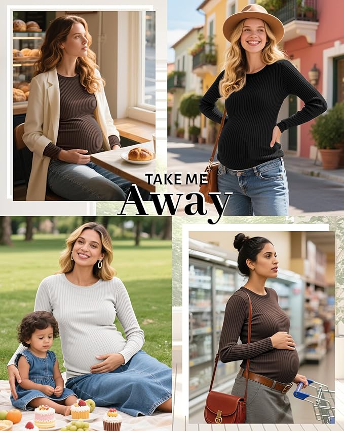 Riyiper 3 Pack Women's Maternity Shirts Long Sleeve Ribbed Knit Pregnancy Tees Cotton Crewneck Tunic Clothes Casual Fall Tops