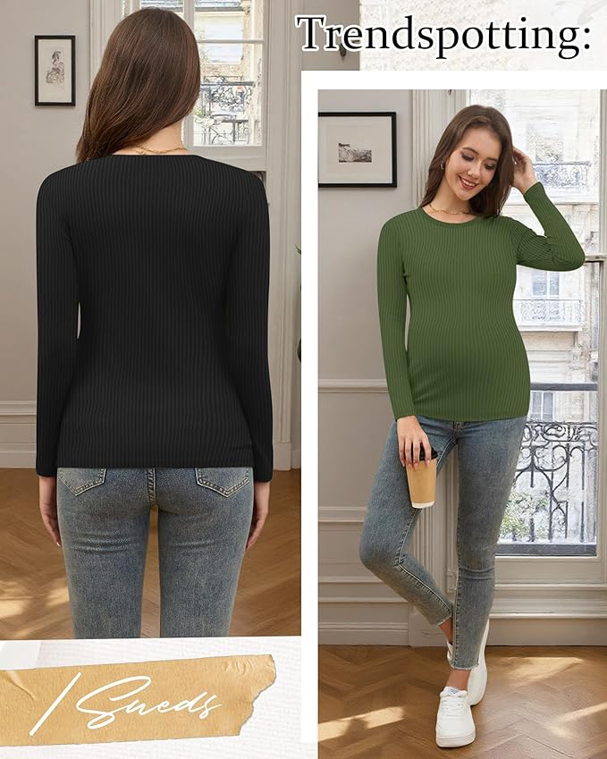 Riyiper 3 Pack Women's Maternity Shirts Long Sleeve Ribbed Knit Pregnancy Tees Cotton Crewneck Tunic Clothes Casual Fall Tops