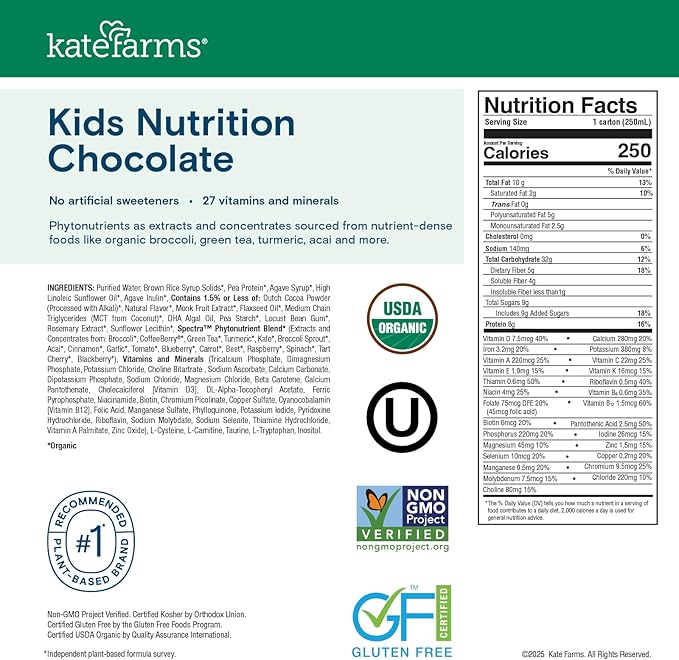 KATE FARMS Organic Kids Nutrition Chocolate Shake, 8g Protein, 27 Vitamins and Minerals, Meal Replacement, Gluten Free, Non-GMO, 8.45 oz (12 Pack)