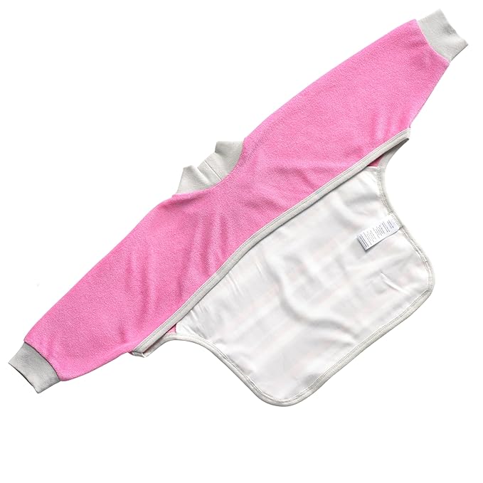 Kiddologic Bibit-all Baby Feeding Bib, Long Sleeves, Ribbed Cuffs and High Collar, Stretchy Pullover Smock, Soft Absorbent Terry, Waterproof Lining, Infant Girl 6-12 Months, Wild Orchid (Pink) Stripe