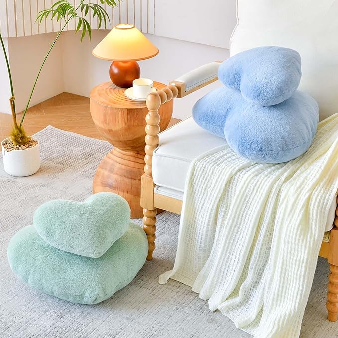 Sage Green Heart Pillows, Cute Heart Decorative Pillow, Heart Shaped Throw Pillows for Bed, Faux Rabbit Fur Plush Hoom Decor Pillow Cushion for Chair Sofa Living Room (Large-19.6"x15.7")
