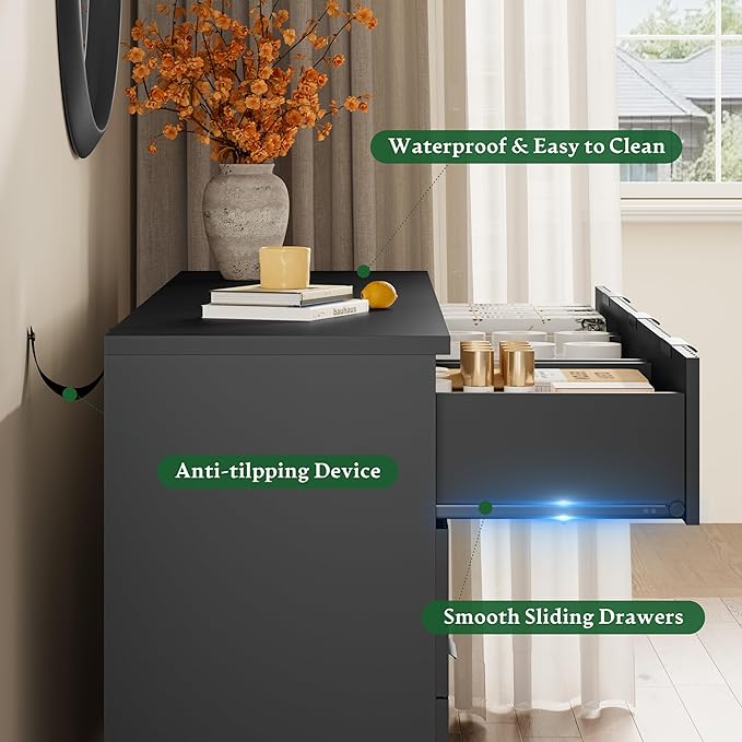 Fluted Dresser with 7 Drawers, 58" Wide Wood Chest of Drawers with Metal Handle, Wooden Dresser TV Stand, Modern Closet Clothes Storage Organizer for Bedroom, Living Room, Hallway, Solid Black