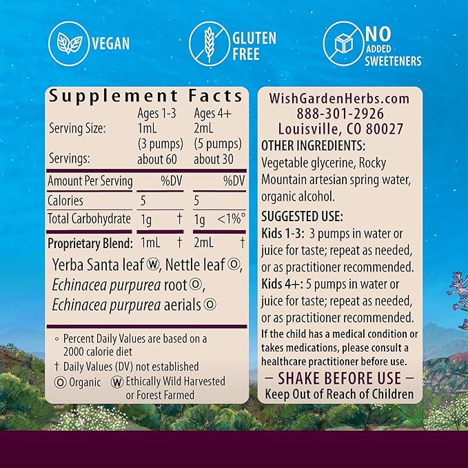 WishGarden Herbs Kick-It Allergy for Kids - Plant-Based Non-Drowsy Herbal Allergy Supplement with Nettle Leaf, Echinacea & Yerba Santa, Supports Healthy Histamine Response to Seasonal Irritants, 2oz