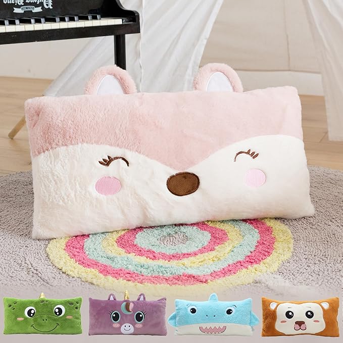 Stuffed Animal Lumbar Pillow, Super Soft Plush Cuddle Throw Pillow for Kids, Cute Fox Shaped Pillow, 12 x 24 Inches, Pink, Ivory
