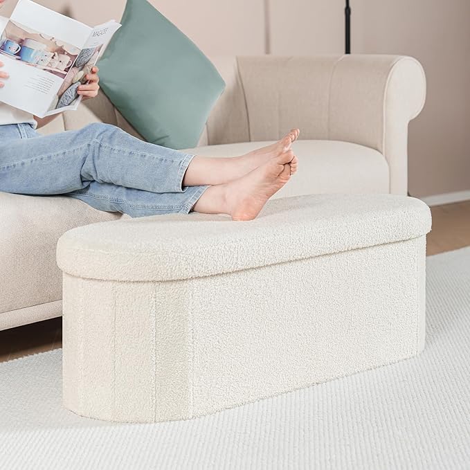 B FSOBEIIALEO Ottoman with Storage for Living Room, Sherpa Folding Storage Ottoman Foot Rest, 43.3 Inches Collapsible Bedroom Bench White