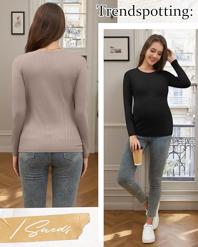 Riyiper 3 Pack Women's Maternity Shirts Long Sleeve Ribbed Knit Pregnancy Tees Cotton Crewneck Tunic Clothes Casual Fall Tops