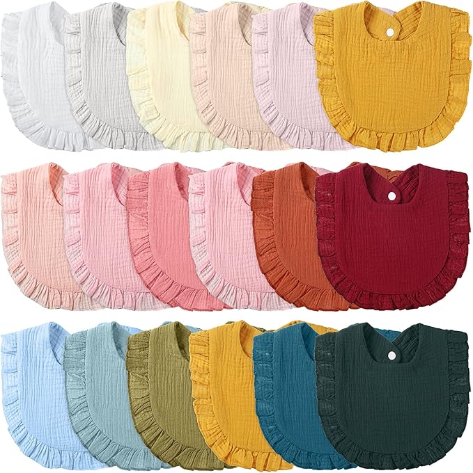 Kenning 18 Pcs Muslin Drool Baby Bibs Baby Girl Ruffle Bibs Absorbent Cotton with Snap Button for Boys Girls