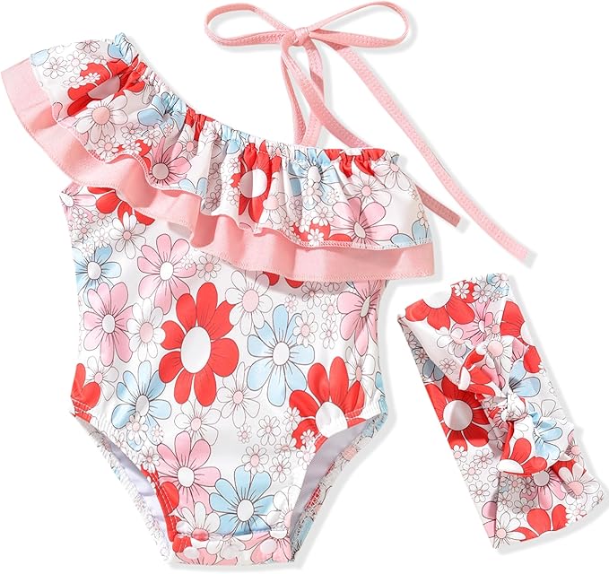 Toddler Baby Girls Ruffles Bikini One Piece Swimsuits Floral Off Shoulder Swimwear Beach Bathing Suit