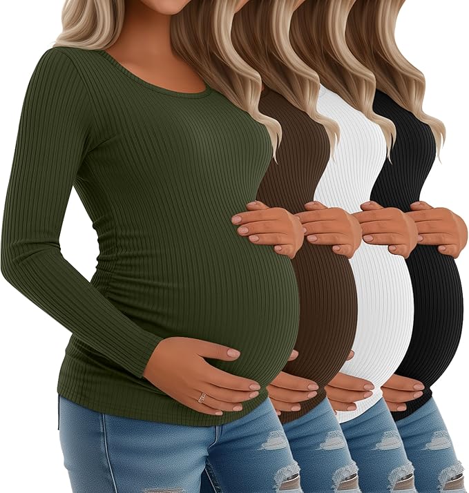 Riyiper 4 Pack Women's Maternity Shirts, Long Sleeve Cotton Ribbed Pregnancy Tee Top Crewneck Side Ruched Casual Mama Clothes
