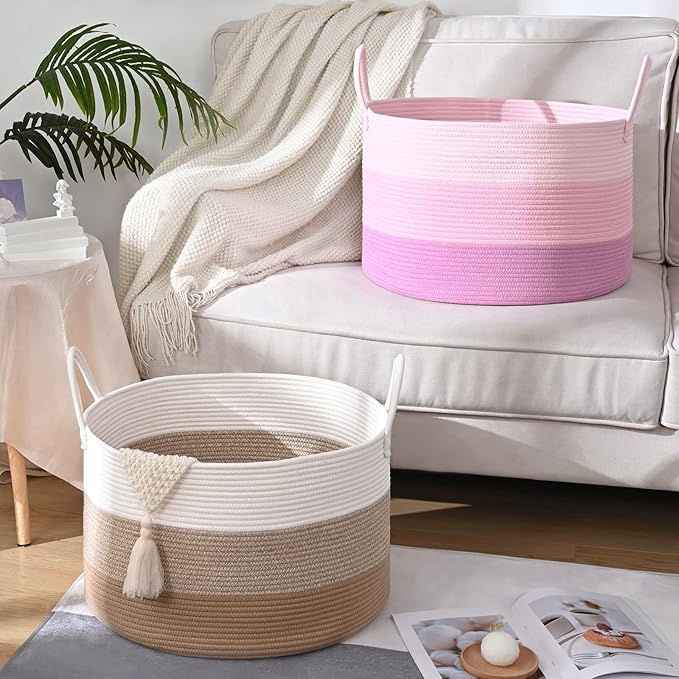 67L Rainbow Storage Basket for Organizing, 20"×13" Large Tall Laundry Baskets, Cotton Rope Woven Blanket Basket, Toy Storage for Kids, Collapsible Laundry Hamper for Living Room, Nursery Room