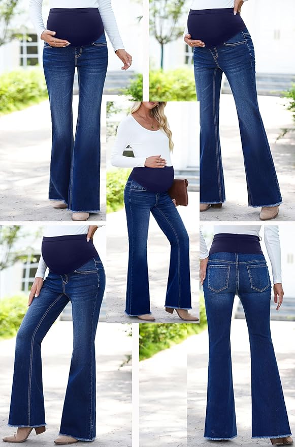 BLENCOT Maternity Jeans for Women Over Belly Pregnancy Pants Comfy Pregnant Jeans Flare Denim Jeans with Pockets