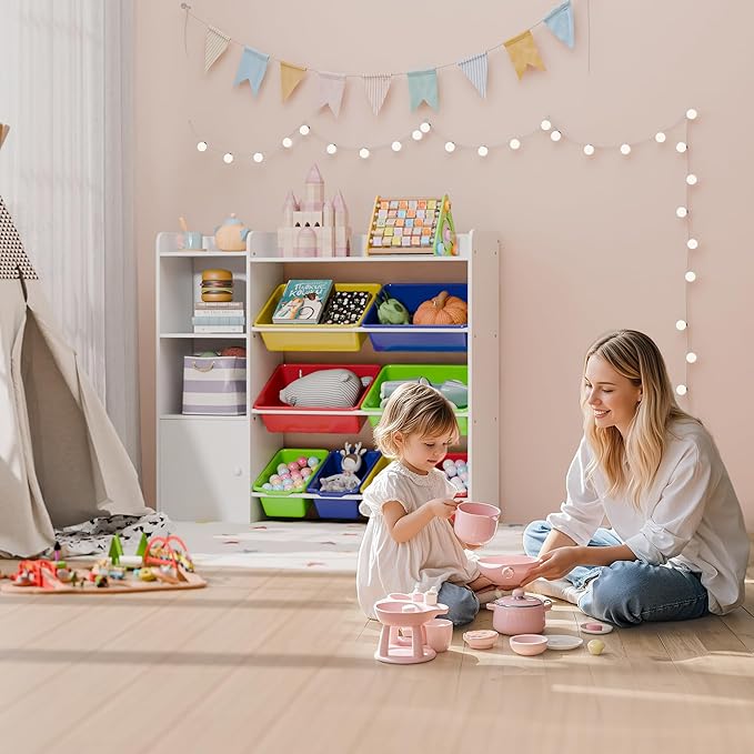 Multicolor Toy Storage Organizer, Toy Organizers and Storage Bins, Toy Storage Shelf with 8 Toy Bins, Toy Organizer with Bookshelf, Book Shelf and Toy Storage for Kids Room, Playroom, Bedroom, Nursery