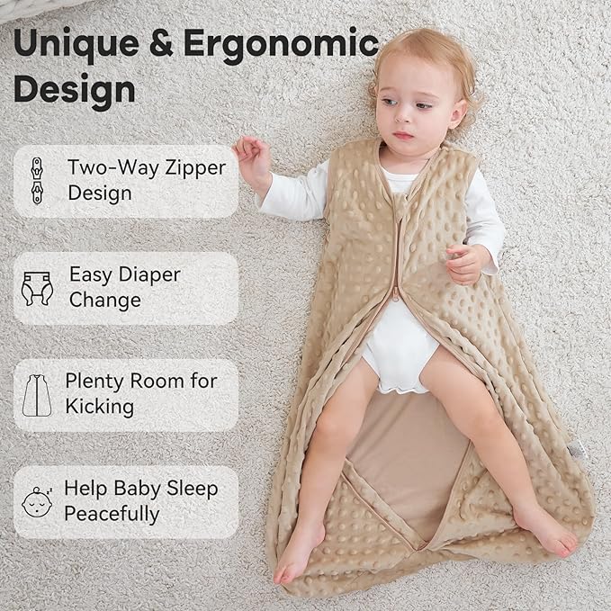 Fleece Baby Sleep Sack 6-12 Months with Plush Dots 1.5 Tog Baby Wearable Blanket with 2-Way Zipper Warm Sleeping Sack for Toddler Infant Newborn - Medium, Coffee