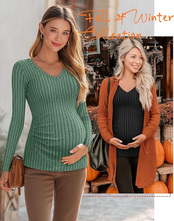 Ficerd 3 Pack Women's Maternity Shirts Ribbed Long Sleeve Pregnancy Tops V Neck Knit Side Ruched Pregnant Clothes Sweater