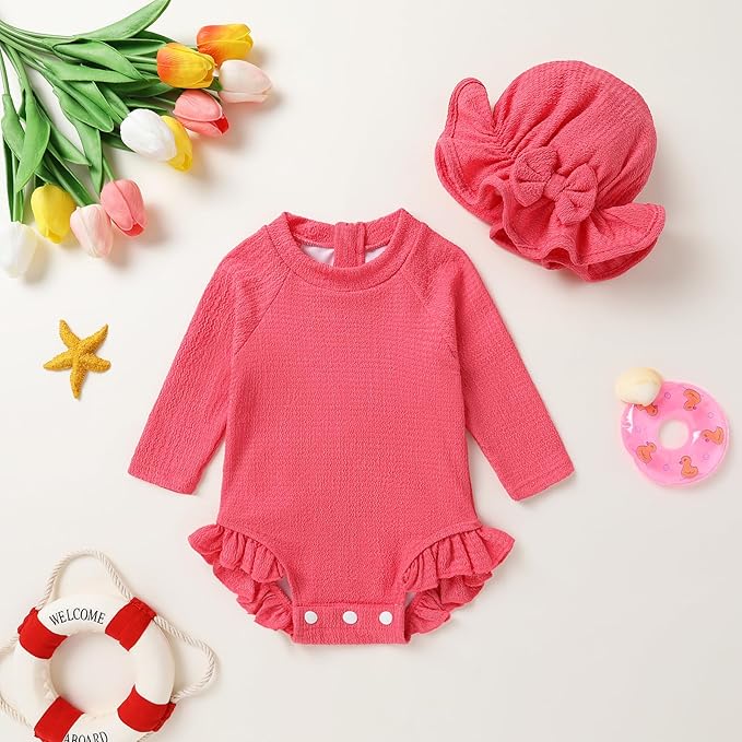 YOUNGER TREE Infant Baby Girls Swimsuit Long Sleeve Swimsuits One Piece Swimsuit Solid Color Bathing Suit with Hat, UPF 50+