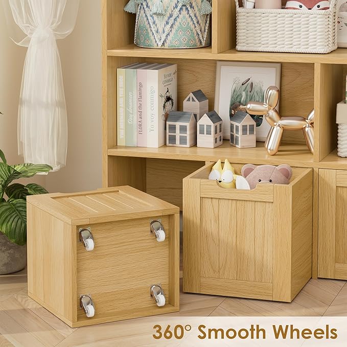 FINETONES Toy Storage Organizer, Kids Bookshelf with 4 Movable Chests and 7 Storage Cubes, Toy Chest Storage Shelf Organizer with Hidden Wheels, Toy Organizers and Toy Storage, Natural