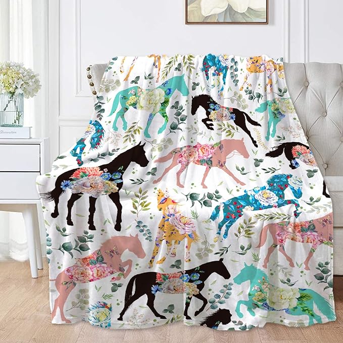 Colorful Floral Horse Blanket for Boys Girls, Flowers Animals Kids Throw Blanket Gift for Child, Fluffy Cozy Soft Lightweight Blankets for Bed Office, 40x50 Inches