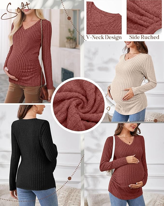 Ficerd 3 Pack Women's Maternity Shirts Ribbed Long Sleeve Pregnancy Tops V Neck Knit Side Ruched Pregnant Clothes Sweater
