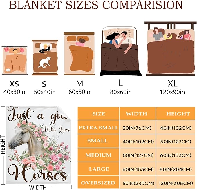 Just A Girl Who Loves Horses Throw Blanket for Women Men Flowers Animals Blanket Gifts for Adults Cute Horse Lightweight Blanket 60X80 Inches for Bed All Season
