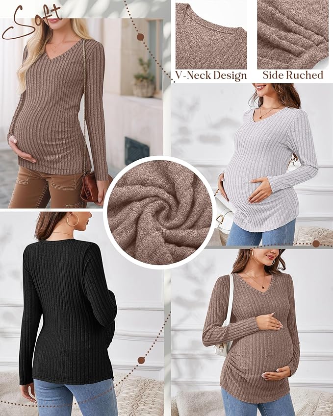 Ficerd 3 Pack Women's Maternity Shirts Ribbed Long Sleeve Pregnancy Tops V Neck Knit Side Ruched Pregnant Clothes Sweater