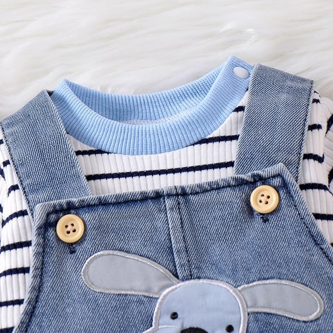 Baby Boy Clothes Fall Winter Outfits Long Sleeve Striped Romper Cute Cartoon Jeans Overalls Pants Set 0-18 Months
