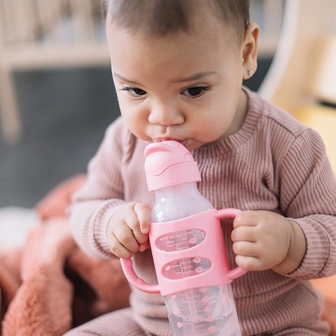 Dr. Brown's Milestones Narrow Sippy Straw Bottle, Spill-Proof with 100% Silicone Handles and Weighted Straw, 8 oz/250 mL, Gray & Pink, 6m+