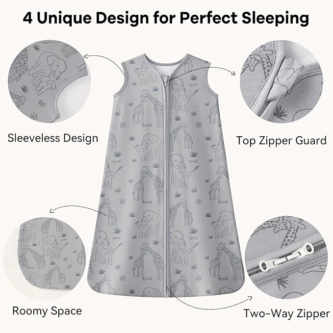 Baby Sleep Sack 12-18 Months 1.0 Tog Baby Wearable Blanket 100% Cotton Sleeping Sack with 2-Way Zipper for Toddler Infant Apricot & Gray Elephant