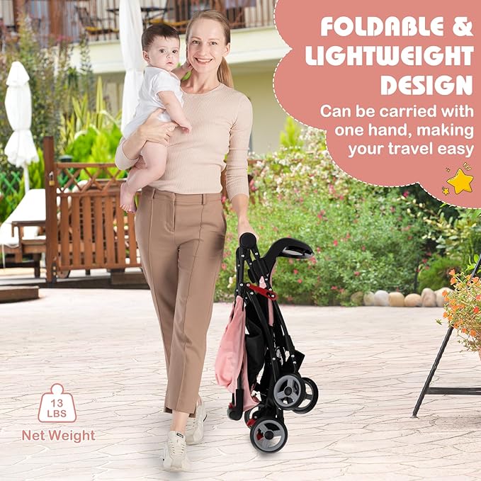 HONEY JOY Lightweight Stroller, Compact Travel Stroller for Airplane, Toddler Fold Pushchair w/Adjustable Canopy & Backrest, Storage Basket, Umbrella Stroller for Infants (Pink)