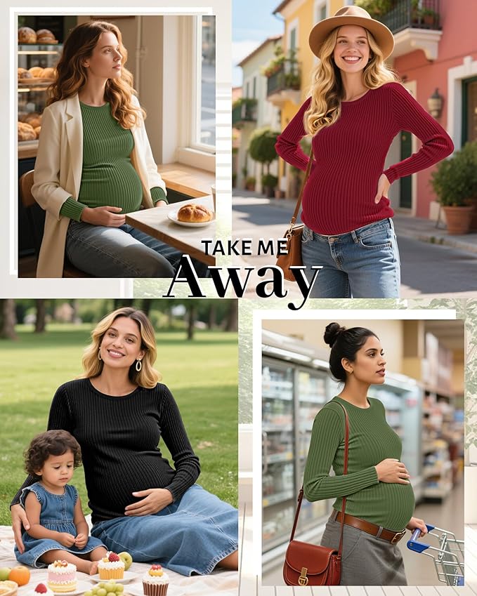 Riyiper 3 Pack Women's Maternity Shirts Long Sleeve Ribbed Knit Pregnancy Tees Cotton Crewneck Tunic Clothes Casual Fall Tops