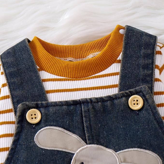 Baby Boy Clothes Fall Winter Outfits Long Sleeve Striped Romper Cute Cartoon Jeans Overalls Pants Set 0-18 Months