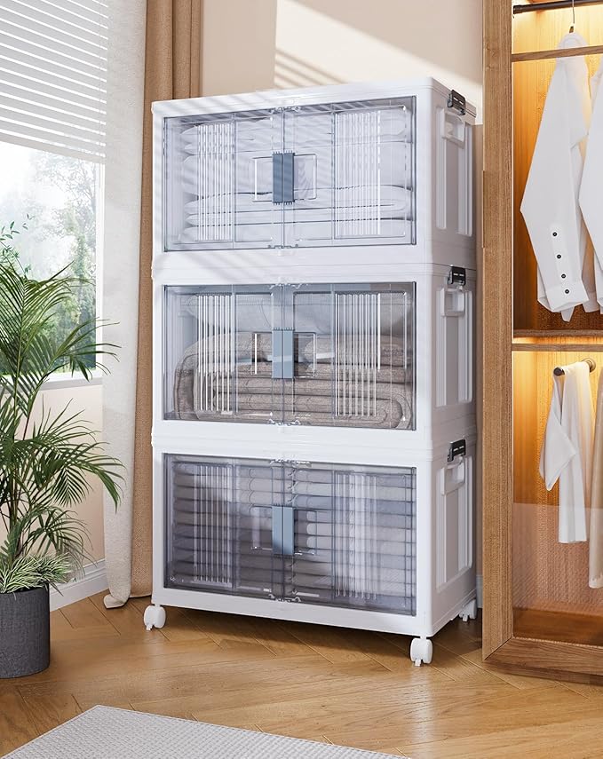 OlarHike 76QT Lockable Storage Bins with Lids - Folding Storage box with Doors and Wheels, Collapsible Plastic Bins for Closets, Stackable Organizer and Containers, Christmas Gifts, 3 Pack Cubes