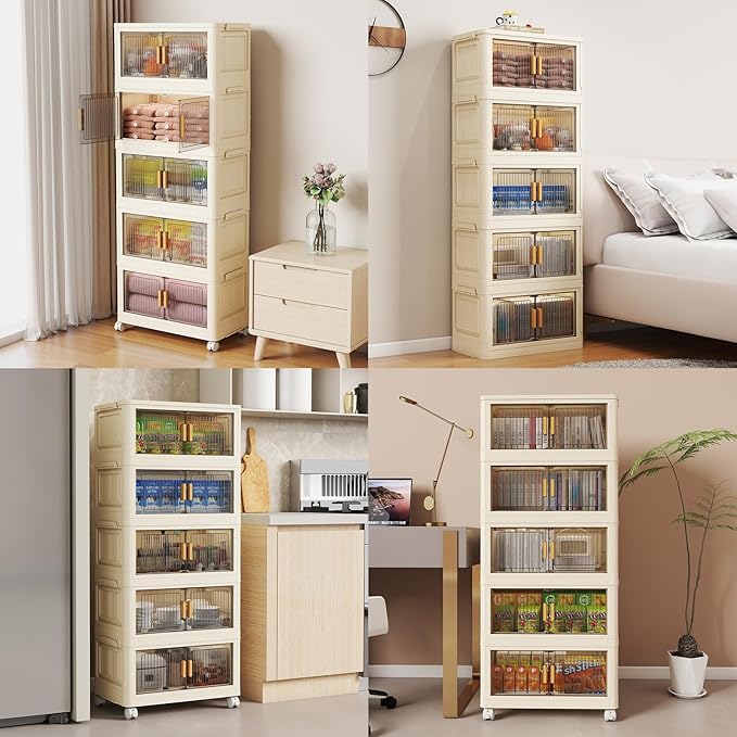 28 Qt Plastic Storage Bins with Lid, Collapsible Closet Organizer and Drawers, Stackable Storage Containers with Wheels, 5Pack